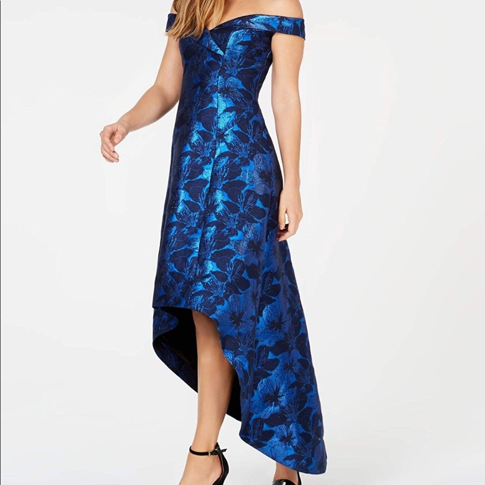 Calvin Klein Blue Off The Shoulder Gown With Hi Low Hem Dress Dress